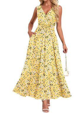Women's Yellow Summer Casual Dress V Neck Sleeveless Floral Boho Maxi Dresses